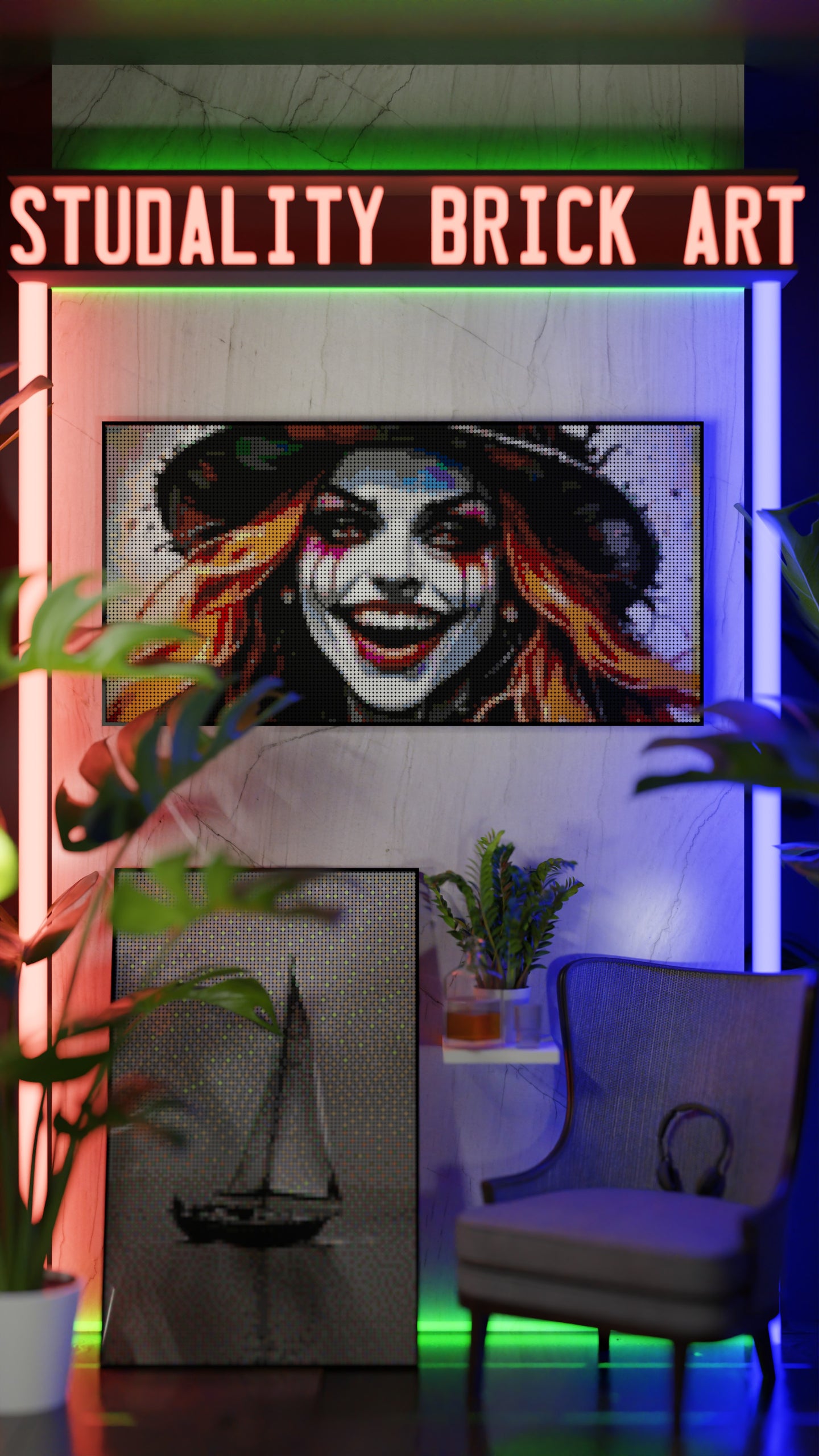 The Mad Hattress LEGO® Style mosaic wall art made from colorful plastic bricks
